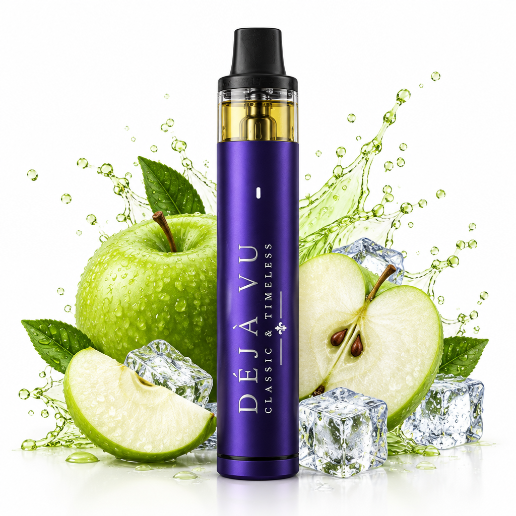 Vape Déjà Vu Apple Ice violette avec pommes vertes et glaçons