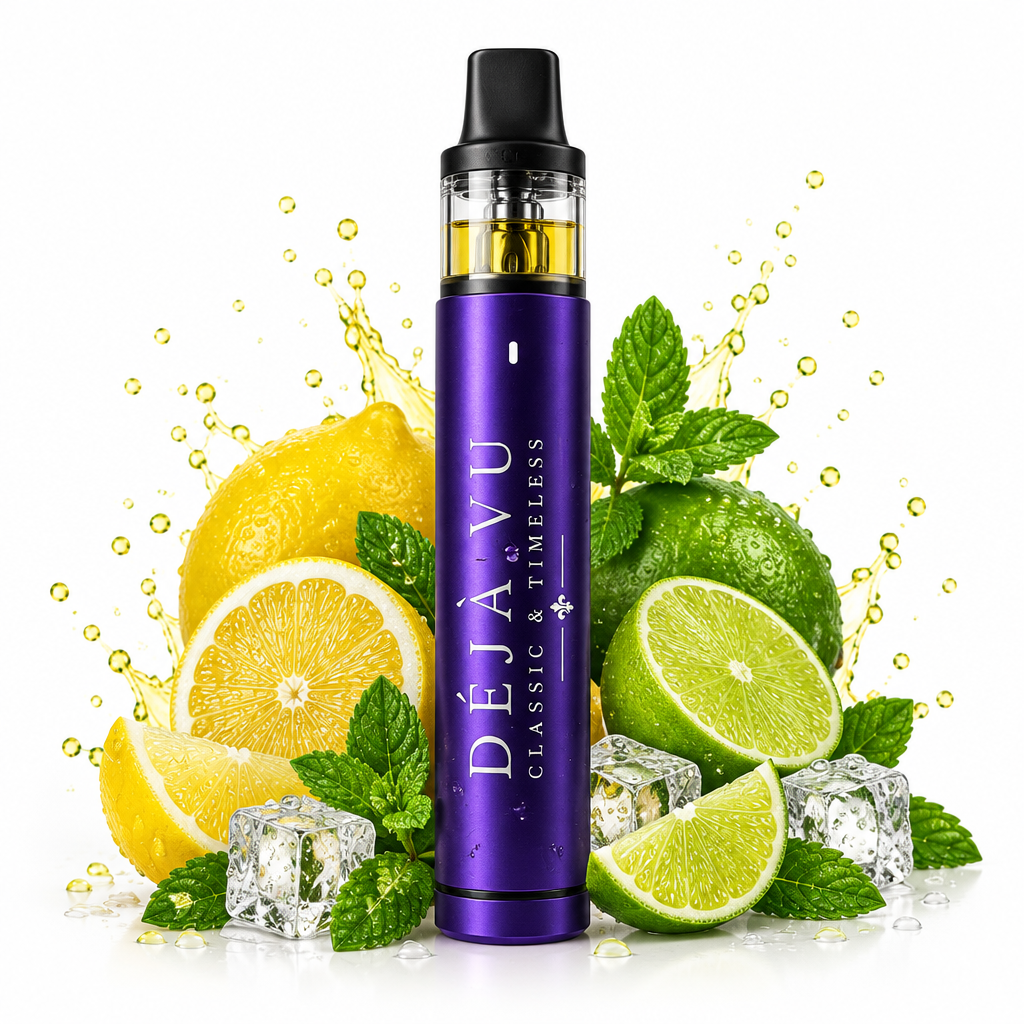 Vape Déjà Vu Lemon Lime violette avec citrons, citrons verts, menthe et glaçons