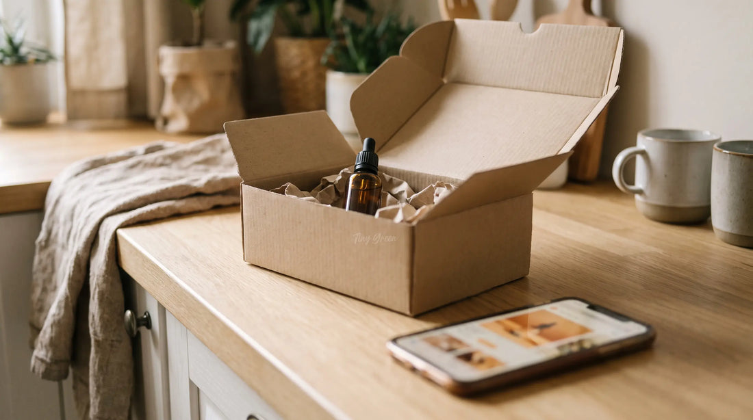 Colis avec flacon d'huile de CBD et smartphone sur un comptoir en bois