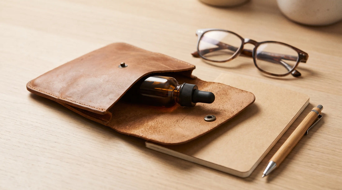 Flacon d'huile de CBD discret dans une trousse posée sur un bureau professionnel