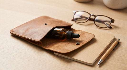 Flacon d'huile de CBD discret dans une trousse posée sur un bureau professionnel
