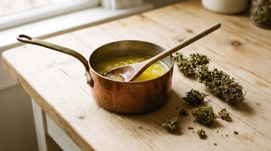 Beurre fondu dans une casserole à côté de fleurs de chanvre séchées
