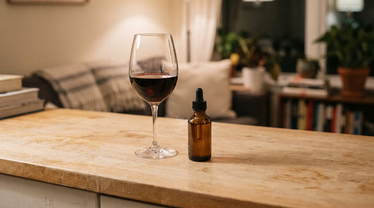 Verre de vin et flacon d'huile de CBD sur un comptoir en bois