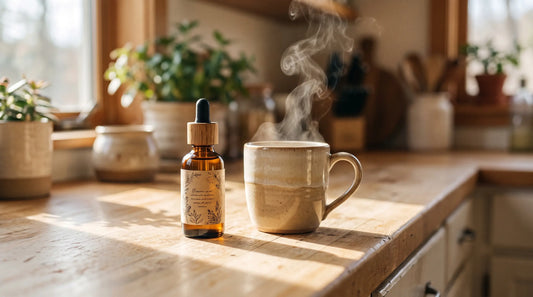 Flacon d'huile de CBD et tasse de tisane sur un comptoir en bois