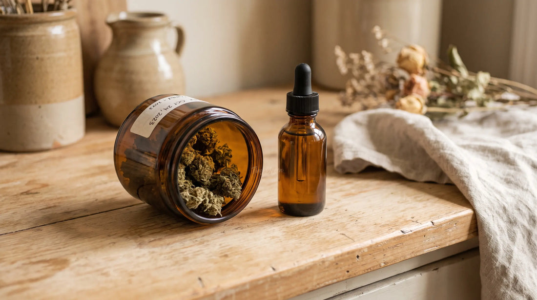 Pot de fleurs de CBD et flacon d'huile sur un comptoir en bois