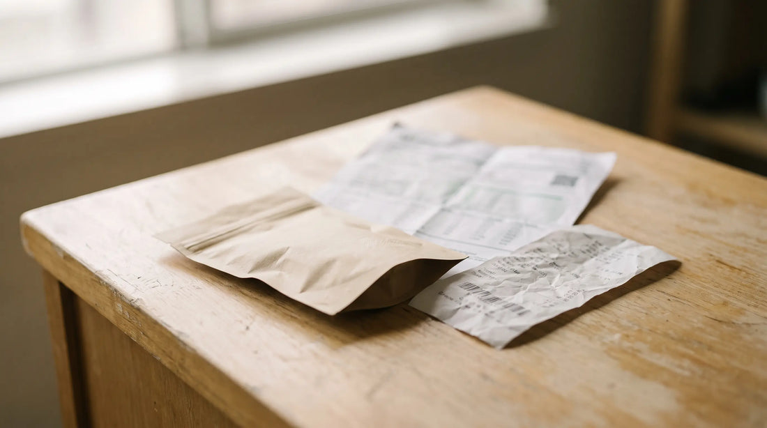 Sachet de fleurs de CBD avec résultats de laboratoire et reçu sur un comptoir en bois