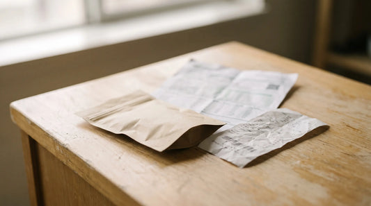 Sachet de fleurs de CBD avec résultats de laboratoire et reçu sur un comptoir en bois