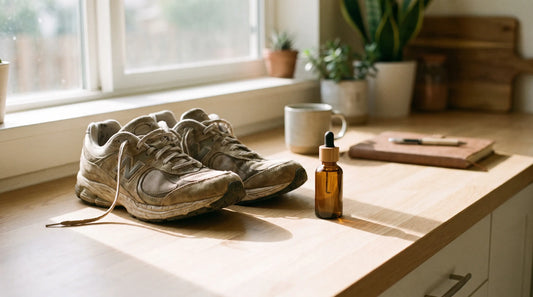 Chaussures de course et flacon d'huile de CBD sur un comptoir en bois