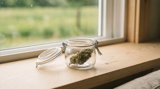Fleur de CBD dans un bocal avec vue sur un champ en arrière-plan
