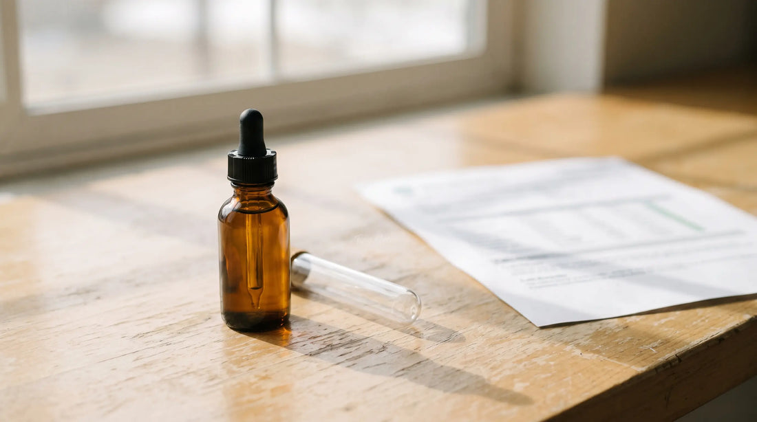 Flacon d'huile de CBD et tube à essai sur un comptoir en bois
