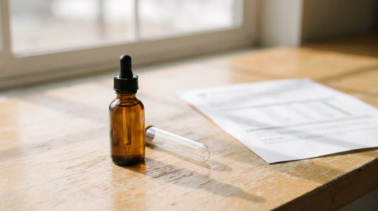 Flacon d'huile de CBD et tube à essai sur un comptoir en bois