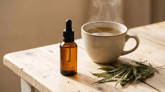 Flacon d'huile de CBD posé sur une table en bois à côté d'une tasse de tisane