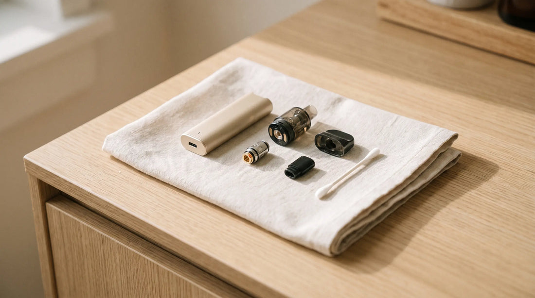 Pod de vape démonté pour nettoyage sur un comptoir en bois