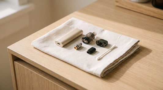 Pod de vape démonté pour nettoyage sur un comptoir en bois