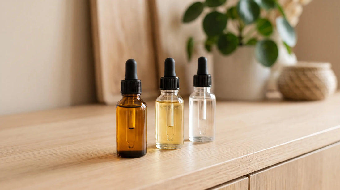 Trois flacons d'huile de CBD aux teintes différentes posés sur un comptoir en bois, illustrant full spectrum, broad spectrum et isolat