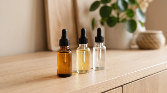 Trois flacons d'huile de CBD aux teintes différentes posés sur un comptoir en bois, illustrant full spectrum, broad spectrum et isolat