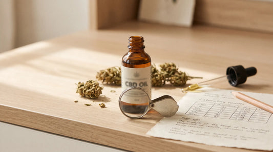 Flacon d'huile de CBD avec loupe et résultats de laboratoire