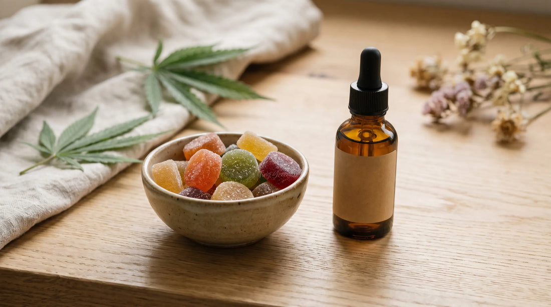 Gummies CBD et flacon d'huile de CBD sur un comptoir en bois