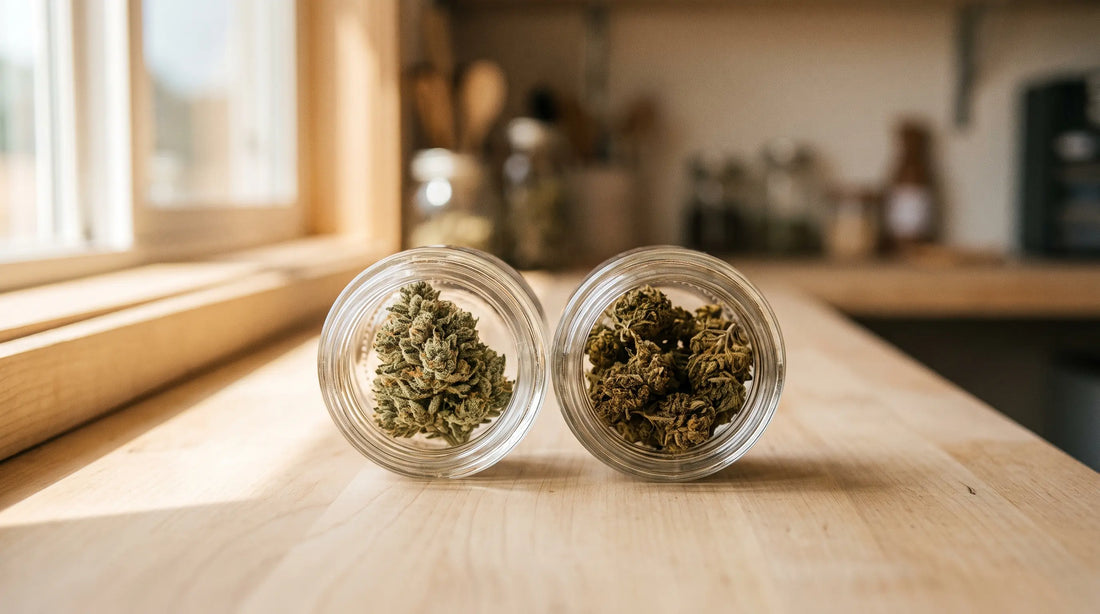 Deux bocaux de fleurs de CBD de textures différentes posés côte à côte sur un comptoir en bois