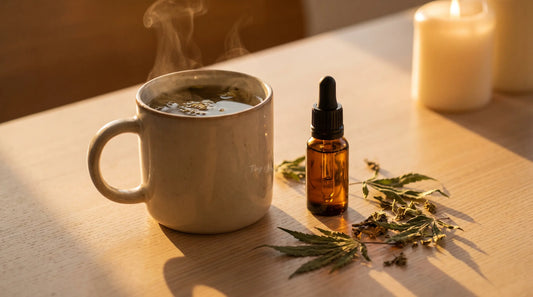 Tasse d'infusion fumante et flacon d'huile de CBD posés sur une table en bois le soir