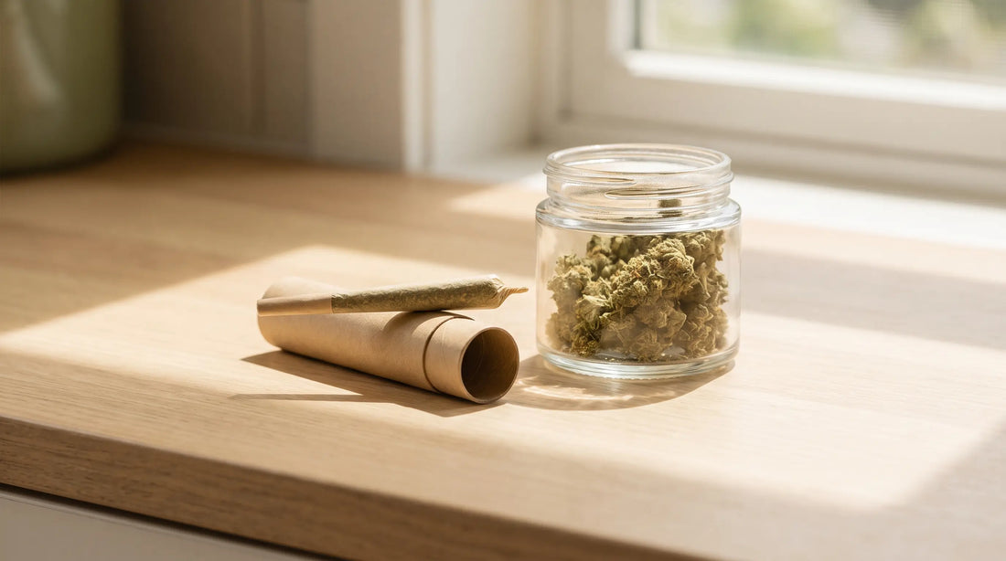 Pre-roll posé à côté d'un bocal de fleur de CBD en vrac sur un comptoir en bois