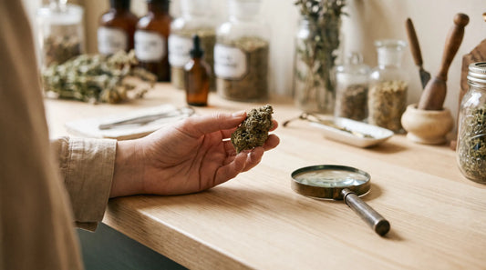 Fleur de CBD examinée de près avec une loupe sur un comptoir en bois