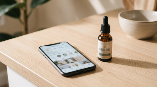 Smartphone et flacon d'huile de CBD sur un comptoir en bois