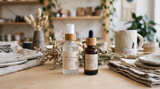 Spray buccal et flacon d'huile de CBD sur un comptoir en bois