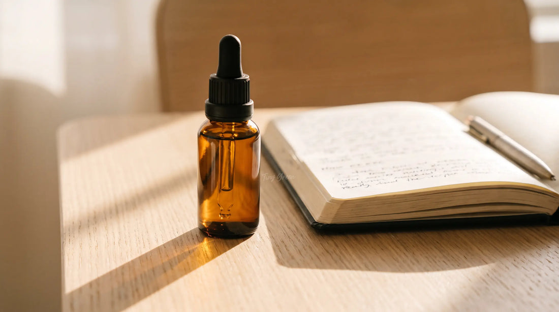 Flacon d'huile de CBD posé sur une table en bois à côté d'un carnet de suivi