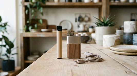 Vape jetable et pod rechargeable côte à côte sur un comptoir en bois