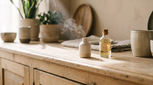 Pod de vape CBD avec vapeur discrète sur un comptoir en bois