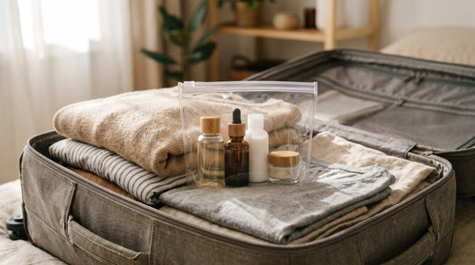 Pochette transparente avec flacon de CBD posée sur une valise cabine ouverte