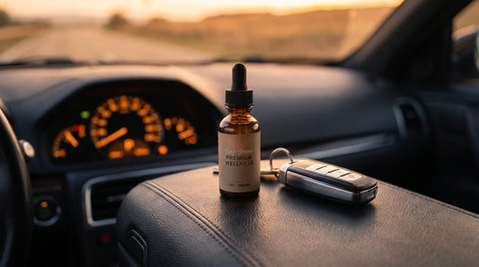 Bouteille d'huile de CBD et clés de voiture sur la console centrale au coucher du soleil