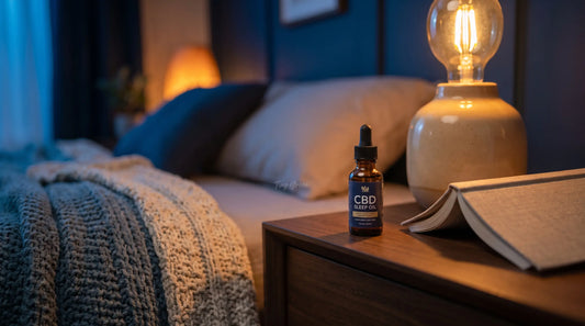Flacon d'huile de CBD sur une table de nuit, lumière chaude et tamisée du soir
