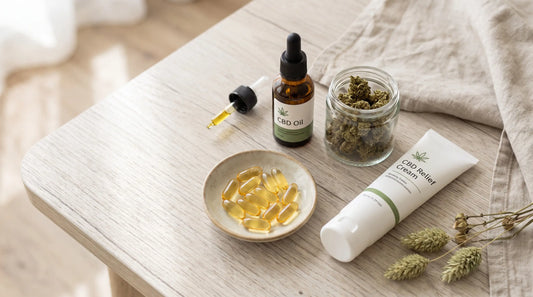 Assortiment de produits CBD (huile, fleurs, gélules, crème) disposés sur une table en bois clair