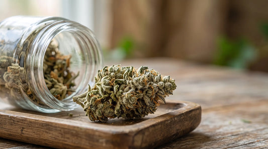 Gros plan macro sur une fleur de CBD couverte de trichomes, posée près d'un bocal en verre