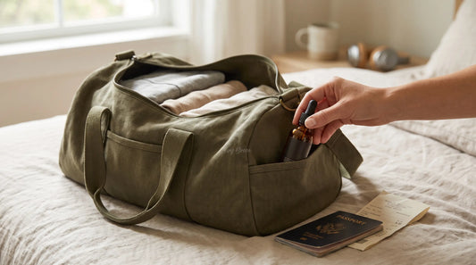 Flacon d'huile de CBD rangé dans un sac de voyage ouvert, à côté d'un passeport et d'une facture