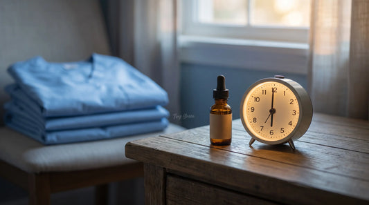 Table de nuit à l'aube avec un flacon d'huile de CBD, un réveil et des vêtements de travail en arrière-plan