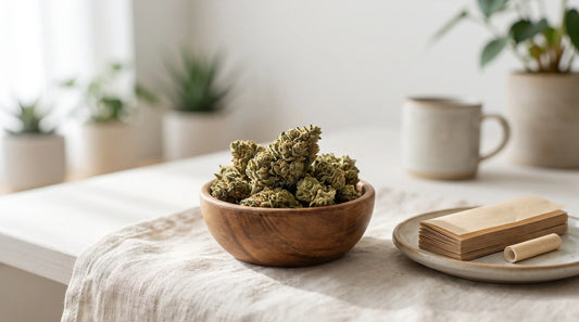 Fleurs de CBD séchées disposées dans un petit bol en bois à côté de feuilles à rouler