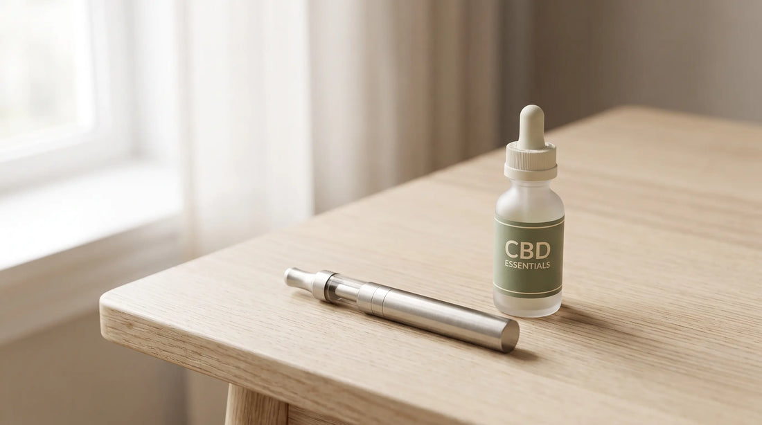 Stylo vapoteur CBD posé à côté d'un flacon d'e-liquide sur une table en bois clair