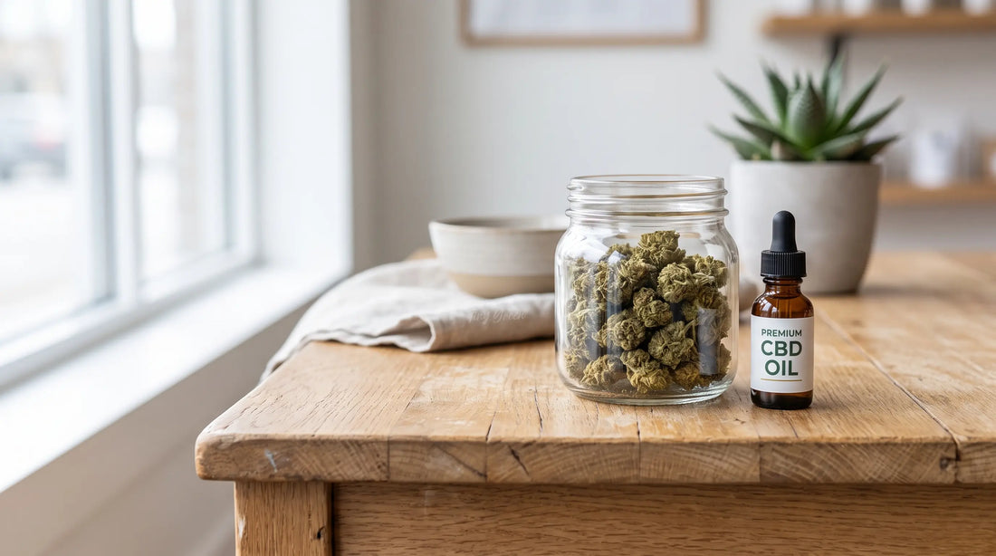 Bocal de fleurs de CBD et flacon d'huile posés sur un comptoir en bois de boutique