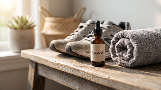 Flacon d'huile de CBD posé près de chaussures de course et d'une serviette de sport sur un banc en bois