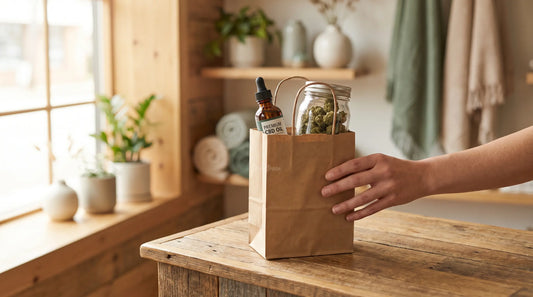 Sachet en papier avec un flacon d'huile de CBD et un bocal de fleurs posé sur un comptoir en bois