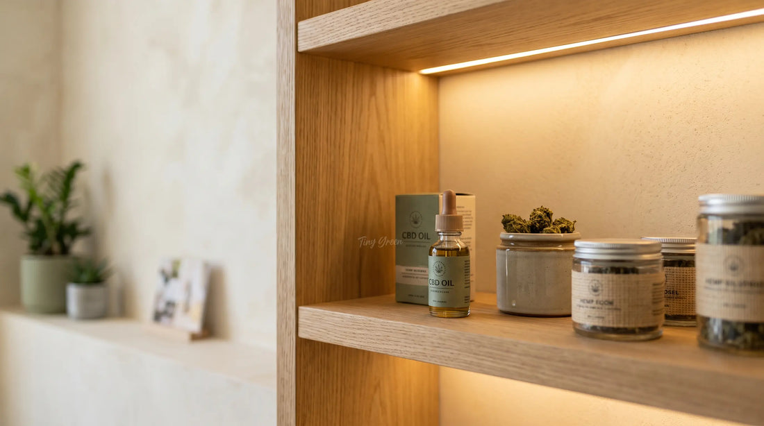 Étagère en bois avec des produits CBD soigneusement présentés dans une boutique