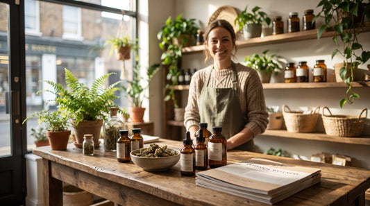 Intérieur chaleureux d'une boutique CBD avec comptoir en bois
