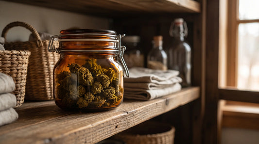 Bocal en verre ambré hermétique rempli de fleurs de CBD séchées sur une étagère en bois