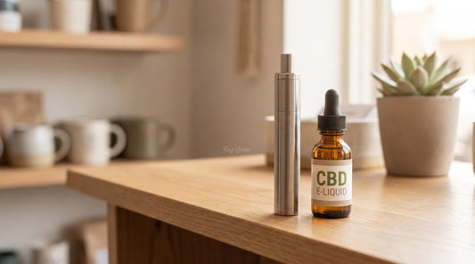 Kit pod simple et flacon d'e-liquide CBD posés sur un comptoir en bois