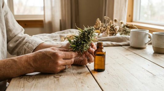 Mains tenant une fleur de CBD et un flacon d'huile sur une table en bois