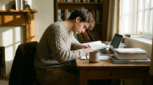 Un jeune étudiant concentré à son bureau avec des livres et une tasse de thé