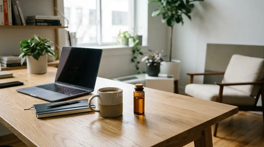 Un espace de bureau moderne avec une tasse et un flacon discret pendant une pause